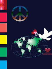 Illustration of loving peace on the Earth with White pigeon carrying love sign or heart sign in the globe on gradient blue background. Political world map is an illustration created by me,