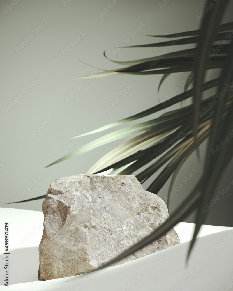Poster minimal mockup background for product presentation. stone podium with palm leaf on green background.