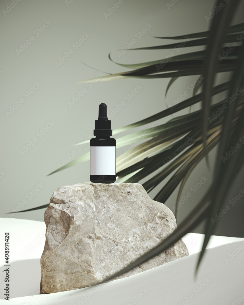 Poster minimal mockup background for product presentation. stone podium with palm leaf on green background.
