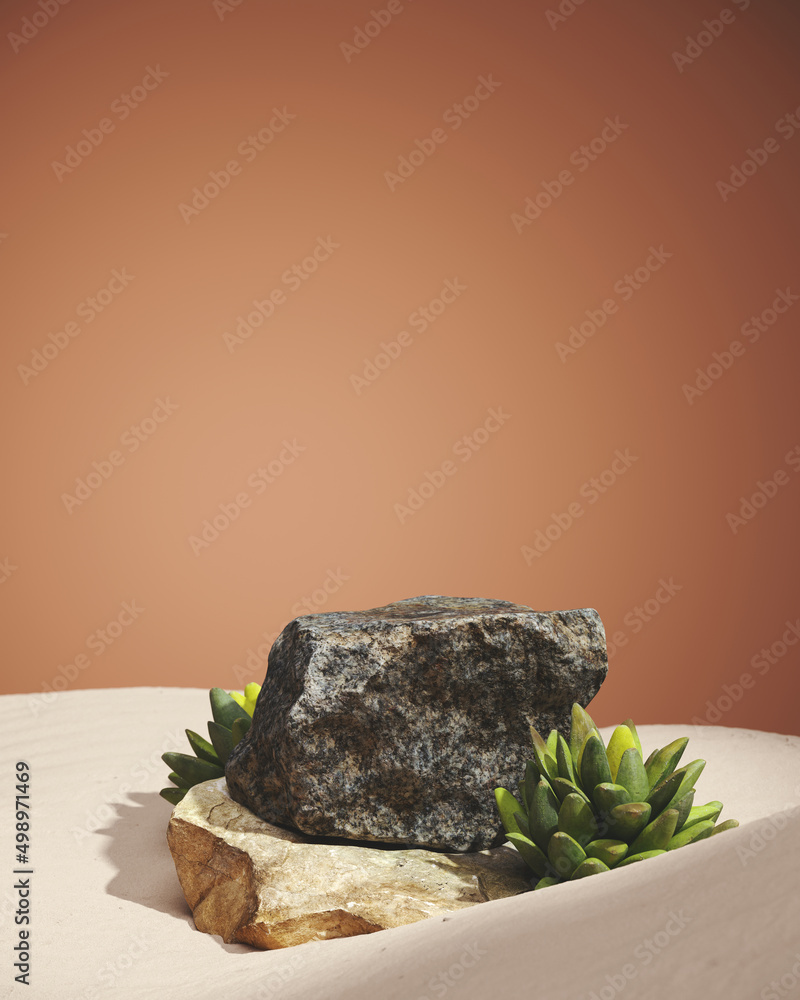 Poster minimal mockup background for product presentation. stone podium with white sand on red brick color 