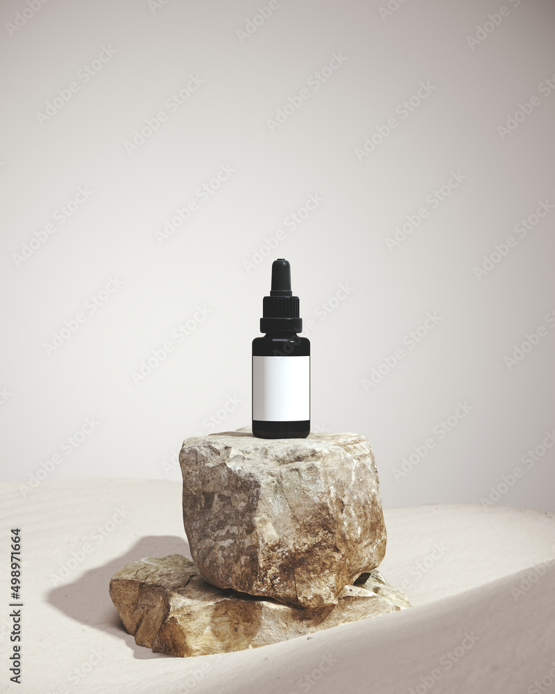 Poster minimal mockup background for product presentation. stone podium and cosmetic bottle on grey backgro
