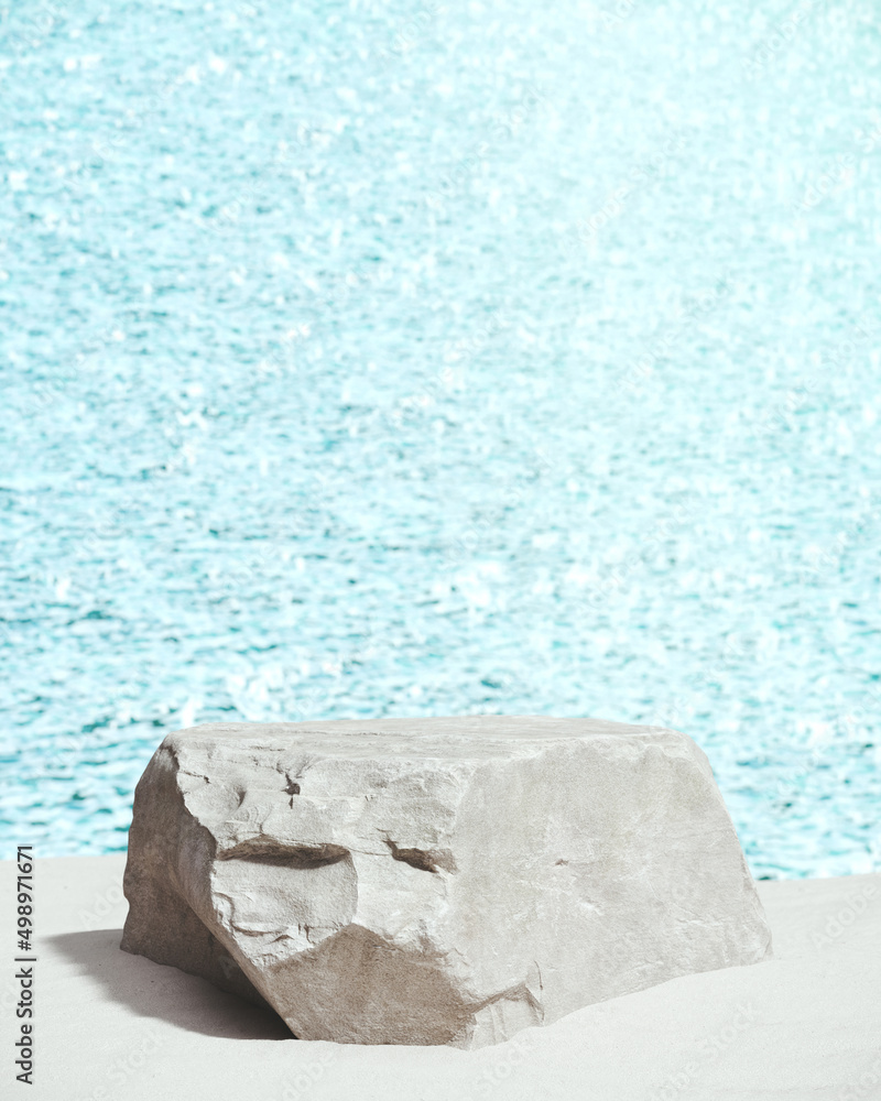 Poster minimal mockup background for product presentation. stone podium with white sand on sea water backgr