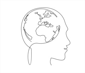 Peace brain concept. Continuous one line drawing of human head with globe inside. Think world.
