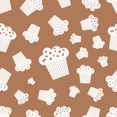 Seamless pattern of muffins. Vector illustration on white background. Pattern with cartoon hand drawn muffins with chocolate, berries.