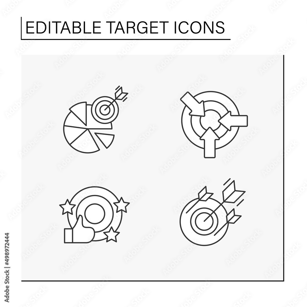 Poster target line icons set. direct hit to bully eye. goals achieved. analysing, researching and developme