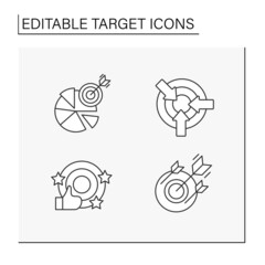 Target line icons set. Direct hit to bully eye. Goals achieved. Analysing, researching and development. Targeting concept. Isolated vector illustrations. Editable stroke