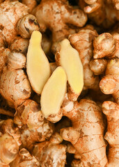 Ginger root and ginger slice. Fresh ginger root and ground ginger spice.