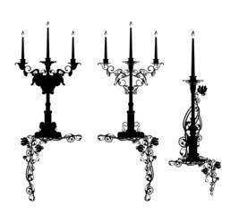 antique candle holder with rose stem - romantic date at the restaurant black and white vector design set with candelabrum and flowers