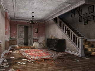 Abandoned and ruined home interior 3d render - 498973028