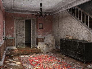 Abandoned and ruined home interior 3d render - 498973042