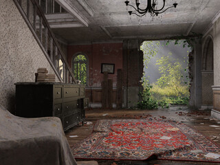 Abandoned and ruined home interior 3d render - 498973050