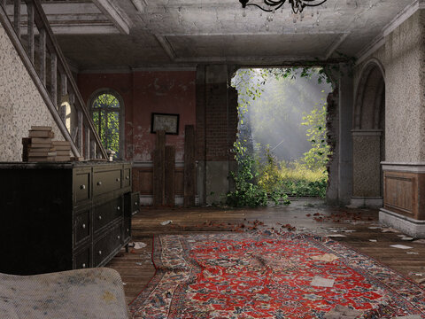 Abandoned and ruined home interior 3d render