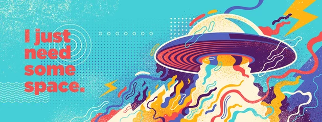 Fotobehang Abstract lifestyle graffiti design with UFO and colorful splashing shapes. Vector illustration. © Radoman Durkovic