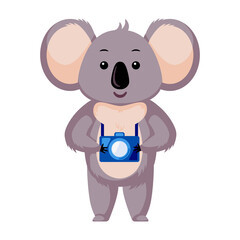 Cute koala photographer isolated on white background. Cartoon character hold camera.