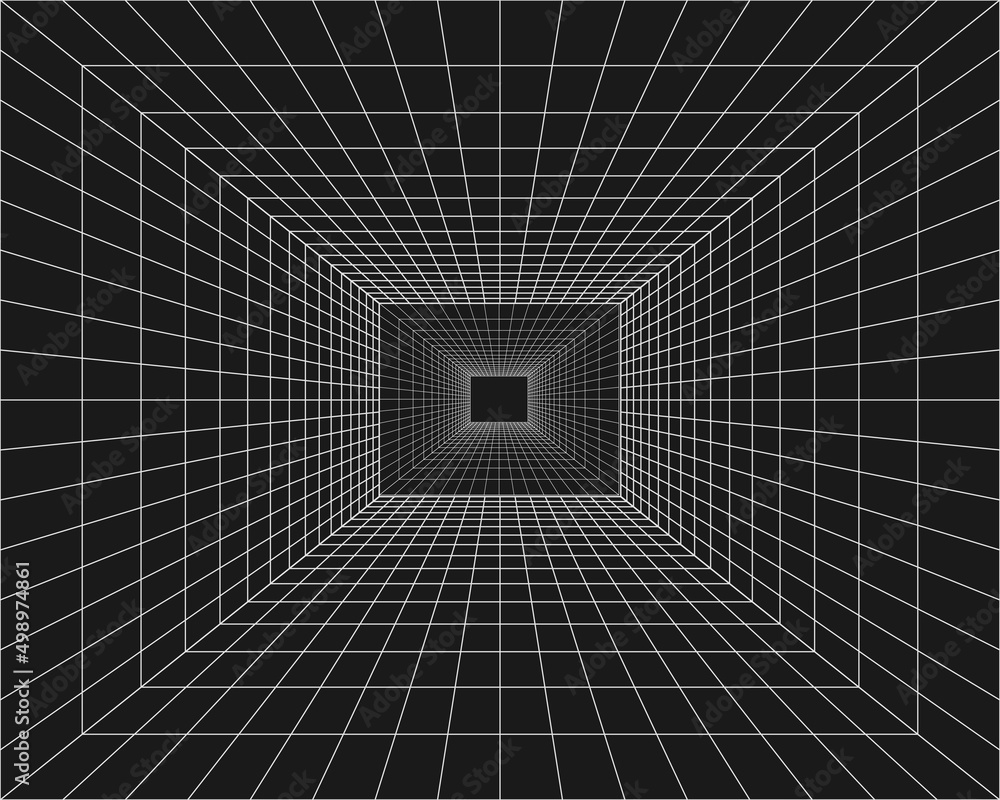 Poster cyber grid, retro punk perspective rectangular tunnel. grid tunnel geometry on black background. vec