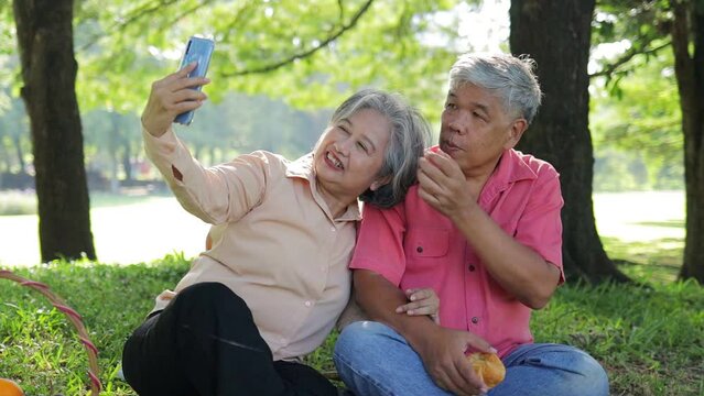 Asian elderly couple Picnic in the park in the morning Holding a smartphone to take pictures together, both of them are happy. Holiday concept. life in retirement