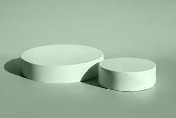 Podium for cosmetic product presentation. Abstract minimal geometrical form. Cylinder stone sphere one form, shadow. Scene to show products. Showcase, display. Trendy sunlight. Front view. 3D