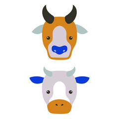 Cow and bull heads. Flat detailed icons. Cattle Head Vector Icon Logo Template. Vector illustration