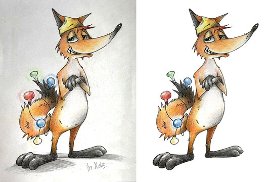 Watercolor fox hand drawn character isolated with christmas lights