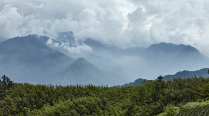 Mountains and clouds background n Alishan mountain in Taiwan
