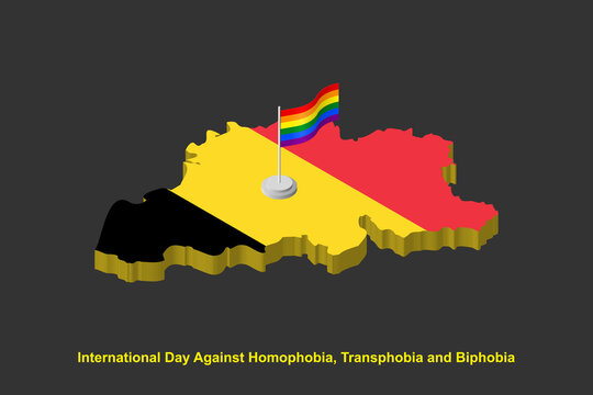 Isometric Belgium map in national colors with LGBT flag on flagpole vector illustration. International day against homophobia concept.