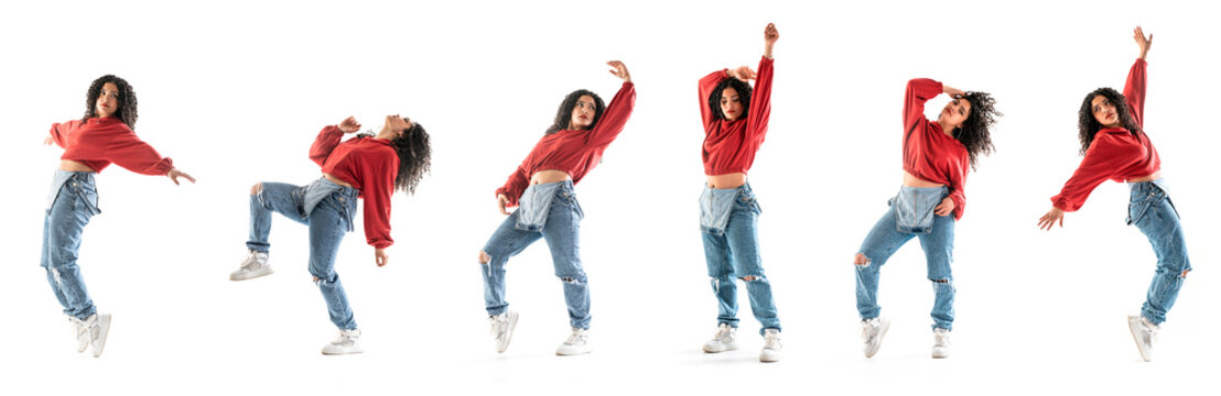 Multiple photo of latin brunette woman dancing in studio with white background
