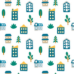 Vector seamless pattern with small cartoon houses and trees. Cute illustration for wallpaper, wrapping paper, background, fabric, textile.