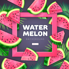 Watermelon slices with tropic leaves on dark background. Vector watermelon illustration
