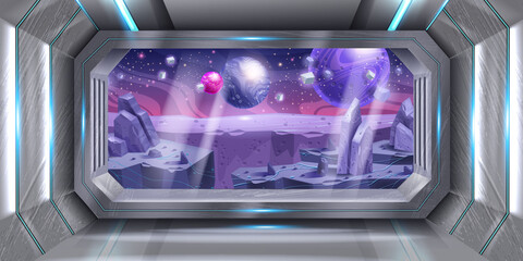 Space ship interior, purple planet, vector spacecraft window view, shuttle cockpit galaxy background. Alien rocket room, night sky, stars, game sci-fi futuristic 3D wallpaper. Space ship metal hallway © Oleksandra