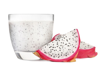 Glass of tasty pitahaya smoothie and fresh fruit on white background