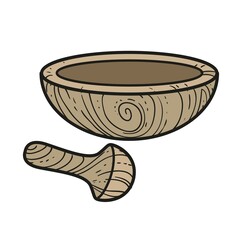 Wooden mortar and pestle color variation for coloring page on white background