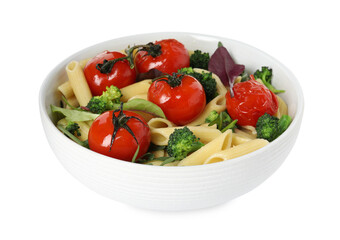 Bowl of delicious pasta with tomatoes, arugula and broccoli on white background