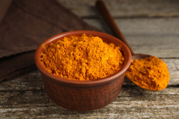 Bowl and spoon with saffron powder on wooden table, closeup
