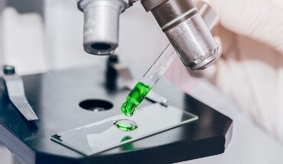 scientist with equipment and science experiments laboratory glassware containing chemical liquid. Health care researchers working in life science laboratory analyzing microscope slides in research lab