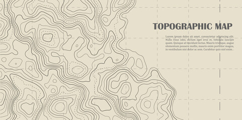 Light yellow topographic contour map background, vector illustration with black lines and mesh.