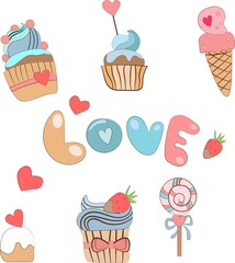 Vector set of sweets and sweet sign. Ice cream, cake, candy and cupcakes.