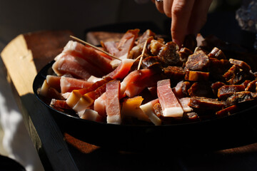 plateau with traditional products. organic cooling tray. detail.