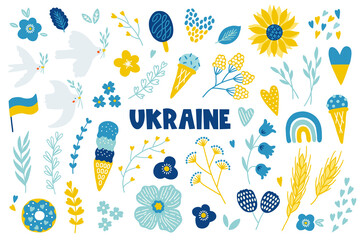 Ukraine design elements - dove, sunflower, heart, flag, flowers, leaves, branches