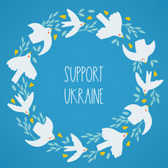 Ukrainian greeting card with branches, dove, hearts. Support Ukraine