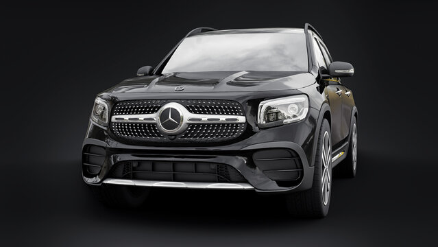 Paris, France. July 7, 2021: Mercedes-Benz GLB 2020 black compact luxury suv car isolated on black background. 3d rendering.