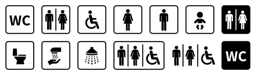 WC icons set. Toilet sign. Man, woman, mother with baby and handicapped silhouettes collection. Male and female restroom. - obrazy, fototapety, plakaty