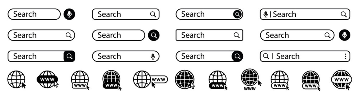 Search bar set. Website. WWW icon. Search bar, search boxes. Web UI elements for browsers with text field and search button.