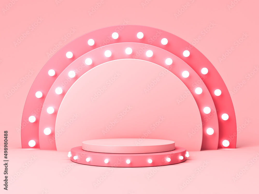 Fototapete Blank pink podium pedestal with retro neon light bulbs or blank product display platform isolated on pink pastel color background with shadow minimal conceptual 3D rendering