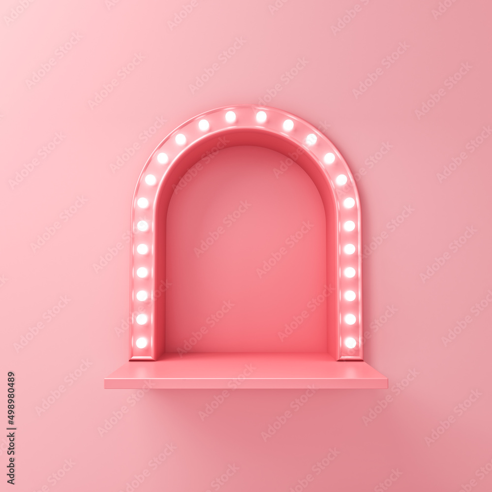 Fototapete Blank pink shelf with retro neon light bulbs or blank product display platform isolated on pink pastel color wall background with shadow minimal conceptual 3D rendering