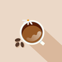 Cup of coffee and coffee beans with chamomile