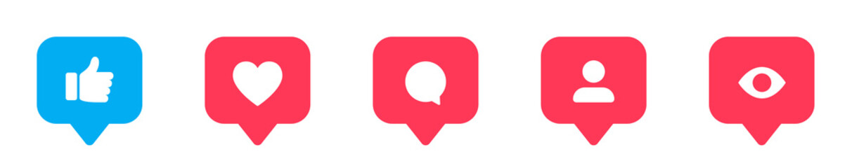 Like social network icons. Like, thumb up and heart collection. Buton for social media. Follower notification symbol. - obrazy, fototapety, plakaty