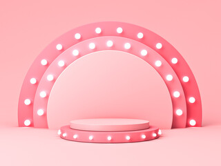 Blank pink podium pedestal with retro neon light bulbs or blank product display platform isolated on pink pastel color background with shadow minimal conceptual 3D rendering