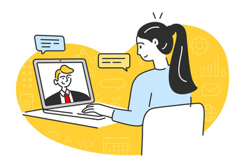 Beautiful woman using a laptop, tab, or computer for a virtual meeting or video conference.  Vector illustration for remote work, video conferencing.