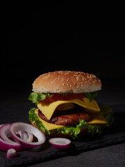 homemade hamburger with French fries tomatoes and cheese and herbs and onions