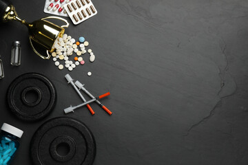 Flat lay composition with drugs on black background, space for text. Doping control